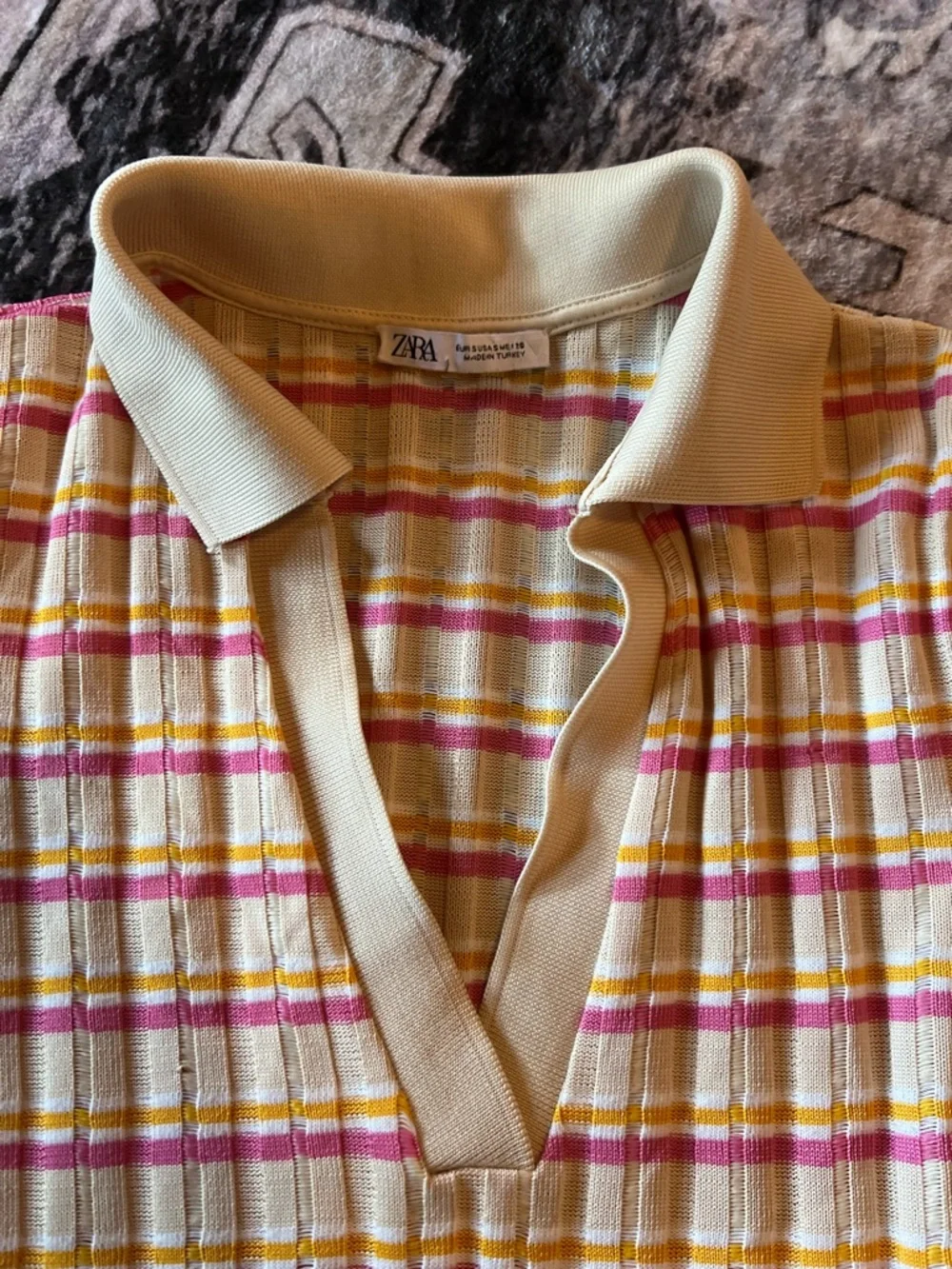 SOLD - Zara Ribbed Knit Striped Midi Dress Polo Collar Yellow Pink Size Small - Picture 6 of 8